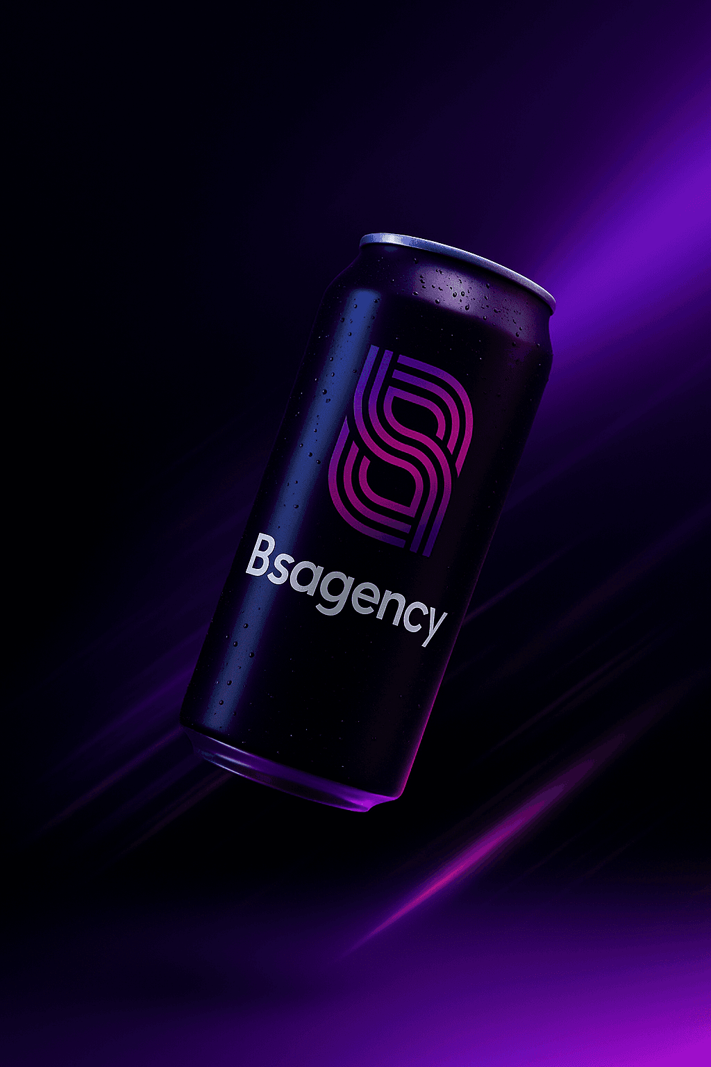Objet publicitaire par Bsagency : canette personnalisée noire design avec le logo BS rose et violet, exemple de goodies d'entreprise