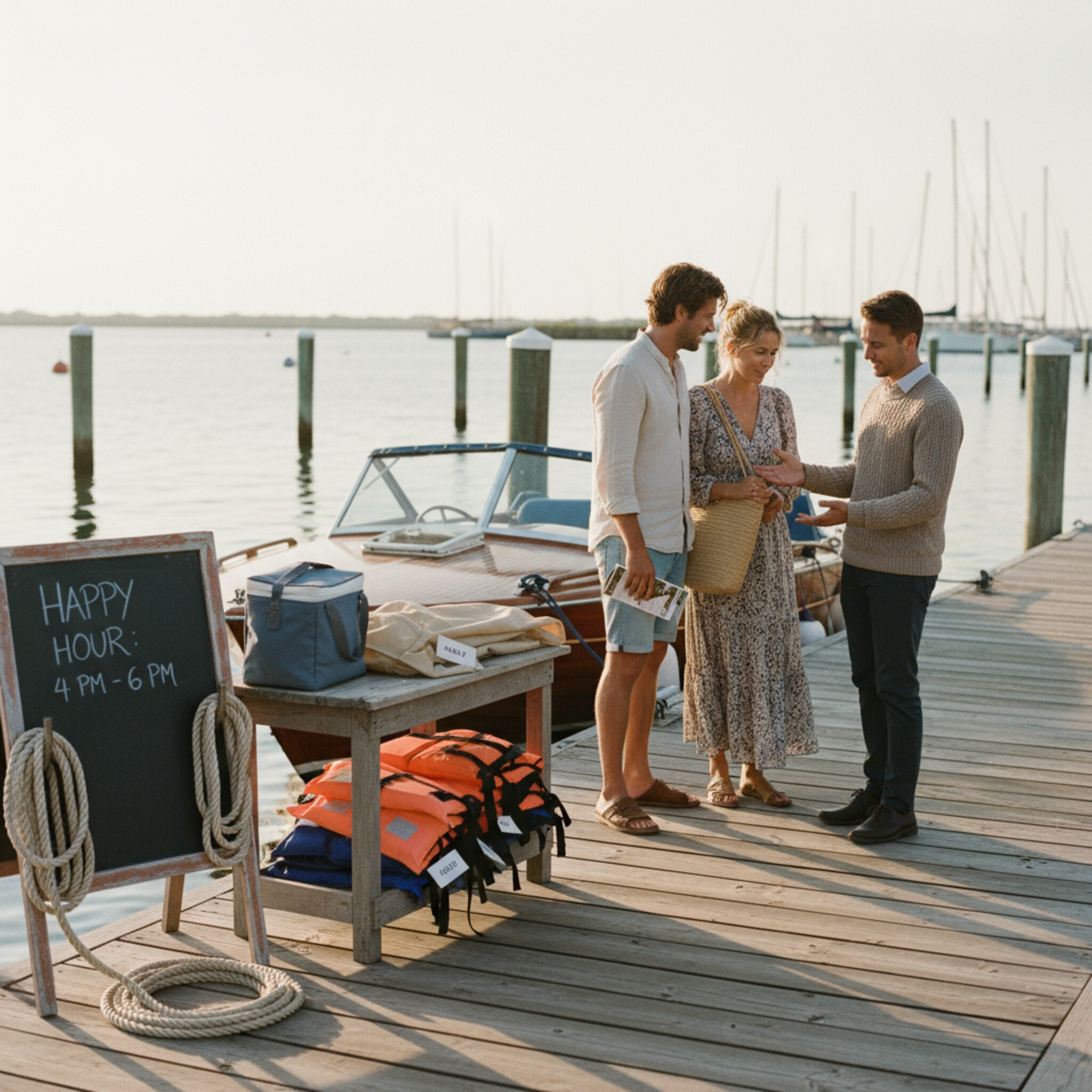 Später Nachmittag: Die Sonne steht tiefer, lange Schatten fallen über den Kai. Auf einem kleinen Kreideständer vor dem Büro steht die Happy-Hour-Zeit, daneben liegen ordentlich aufgewickelte Taue. Ein Paar entscheidet sich spontan für ein größeres Boot, der Mitarbeiter deutet auf Zusatzoptionen wie Kühltasche und Sonnensegel.
