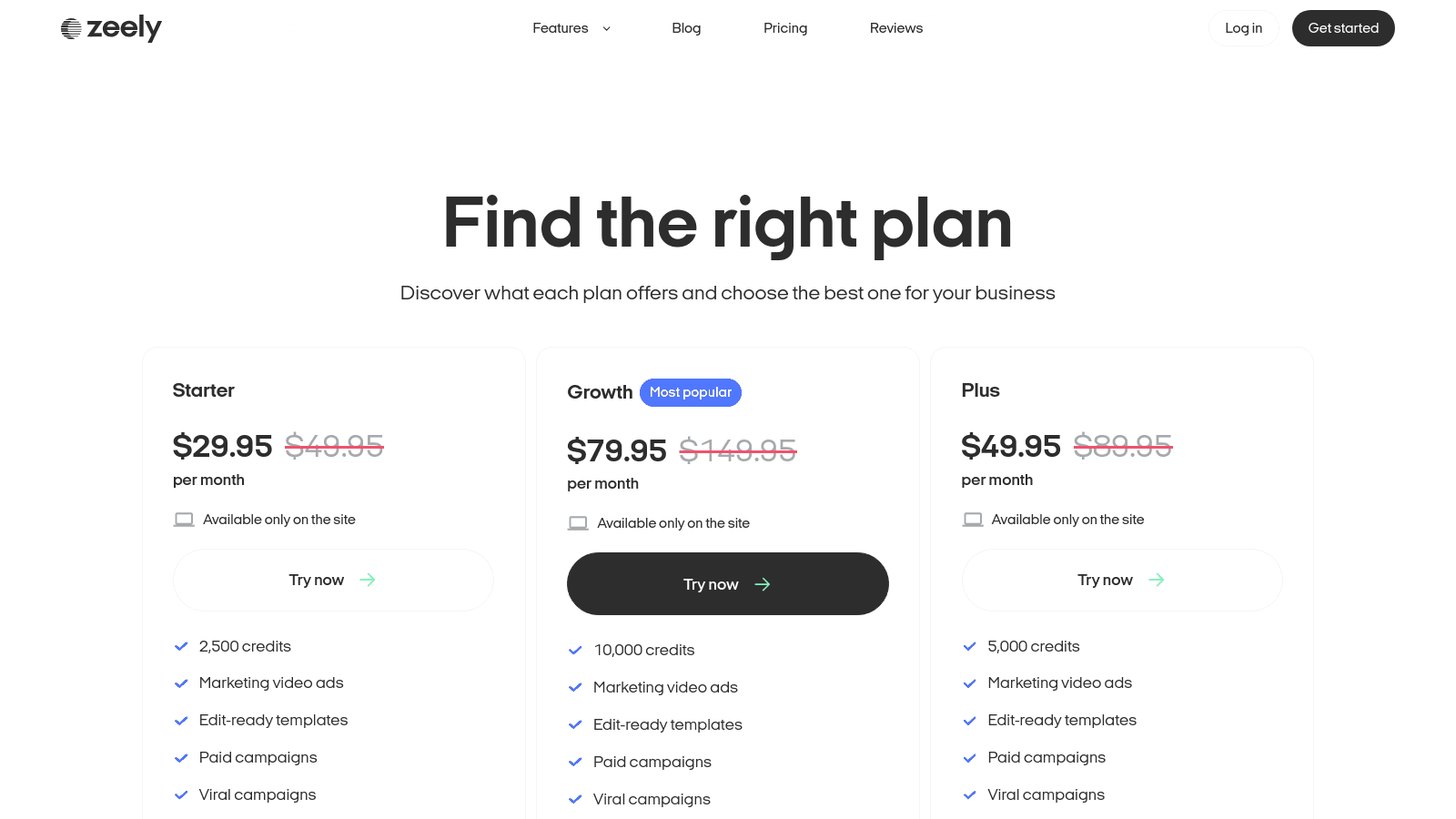 Zeely AI pricing page showing three subscription plan tiers with features and subscription costs per month.