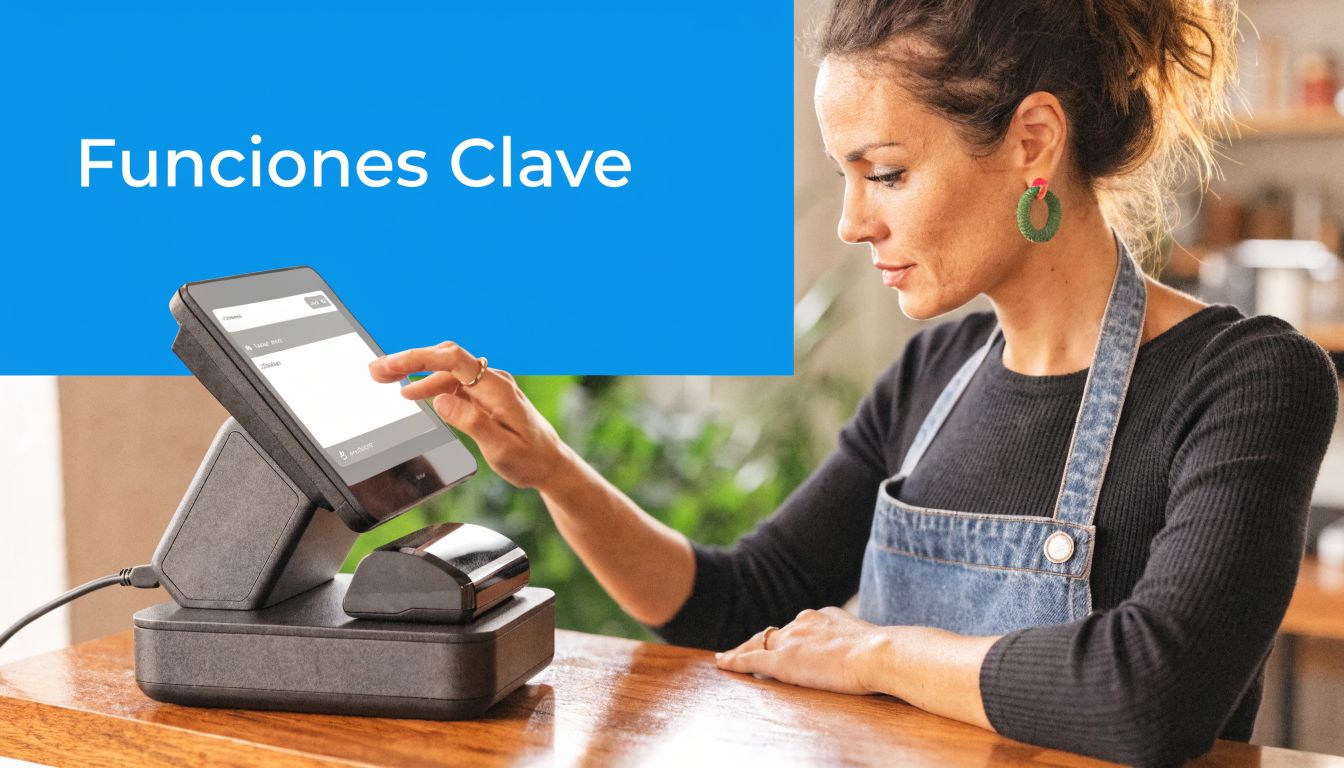 Una mujer trabajando en una pequeña cafetería utilizando un sistema moderno de punto de venta táctil.