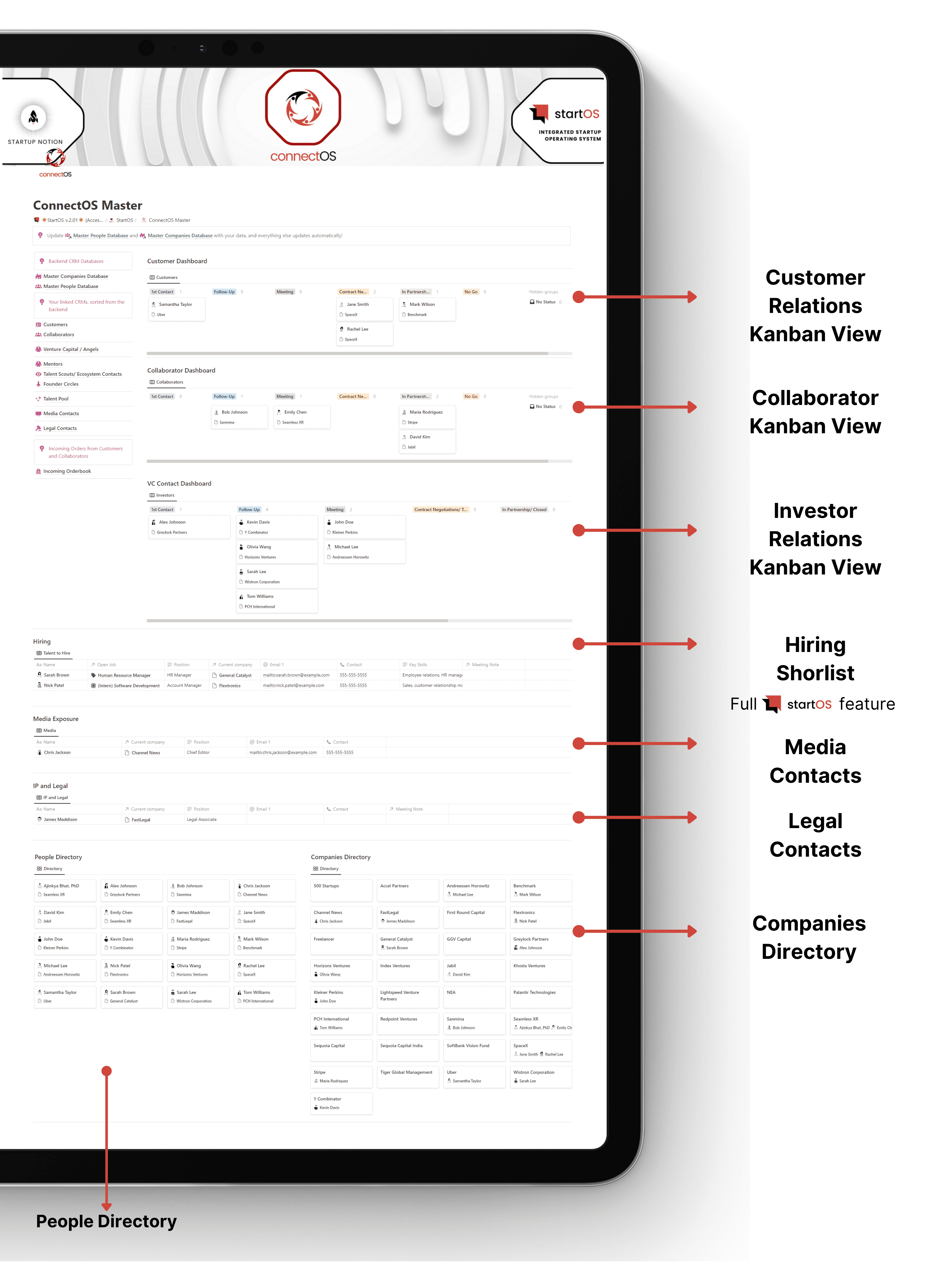 ConnectOS- Notion CRM with people and company databases and filter for customers, collaborators, investors, potential hires, mentors and more. Integrates into other StartOS modules like FinanceOS, TeamOS and SalesOS.