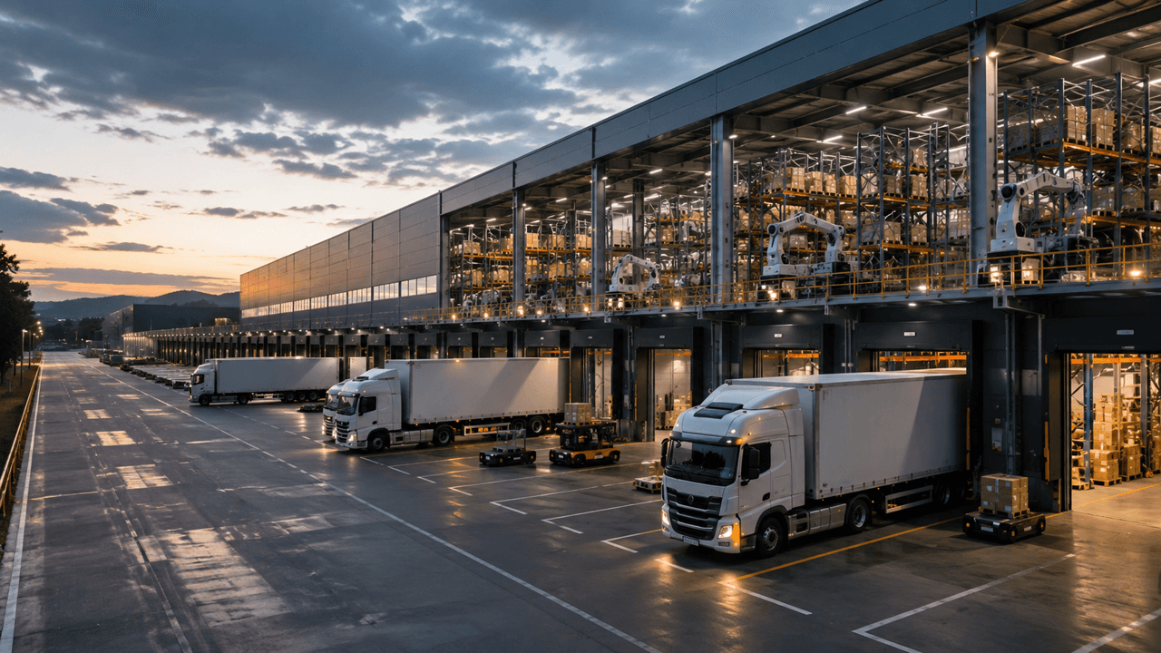 Trucks drive on a highway at sunset.