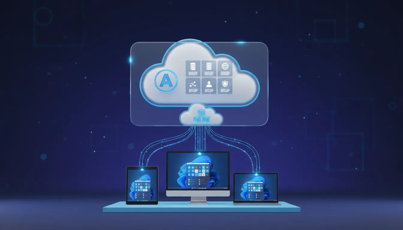 A 3D render of a cloud architecture diagram for Azure Virtual Desktop, presented in a clean SaaS illustration style. The scene is set against a dark blue gradient background. A large, central glassmorphism panel with rounded corners features a stylized cloud graphic. Inside the cloud, there's a blue stylized 'A' logo, a grid of six minimalist white technical icons with abstracted text lines, and a smaller cloud containing three translucent blue cubes. Below, three modern devices—a tablet, a desktop monitor, and a laptop—display a simplified Windows 11 desktop UI. Glowing blue light beams, composed of fine strands, connect the central cloud services to each device. The overall aesthetic is clean and modern, with soft global illumination and a studio backdrop.