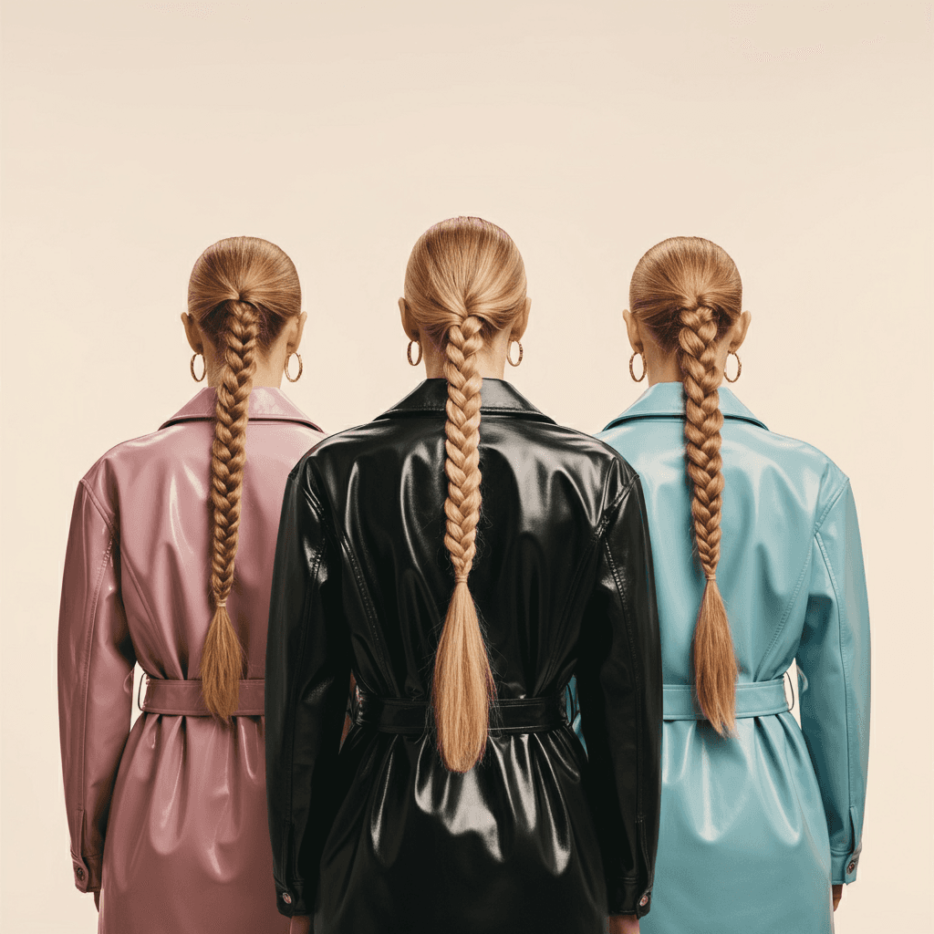 Minimal fashion magazine cover featuring the backs of three women with long blonde braids, sleek lines, vinyl jackets, and pastel colors