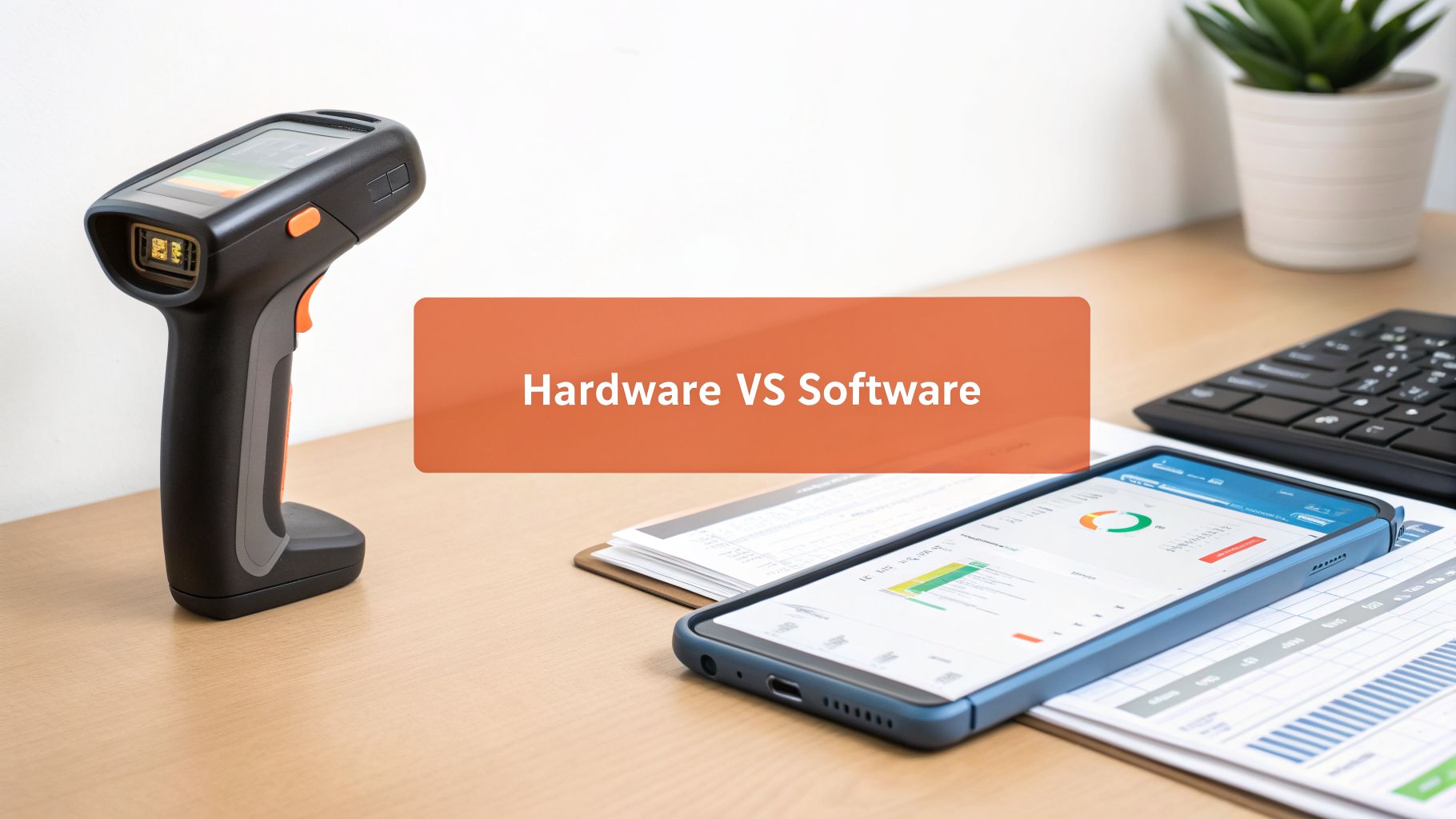 A barcode scanner and a smartphone displaying charts on a desk with 'Hardware VS Software' text.