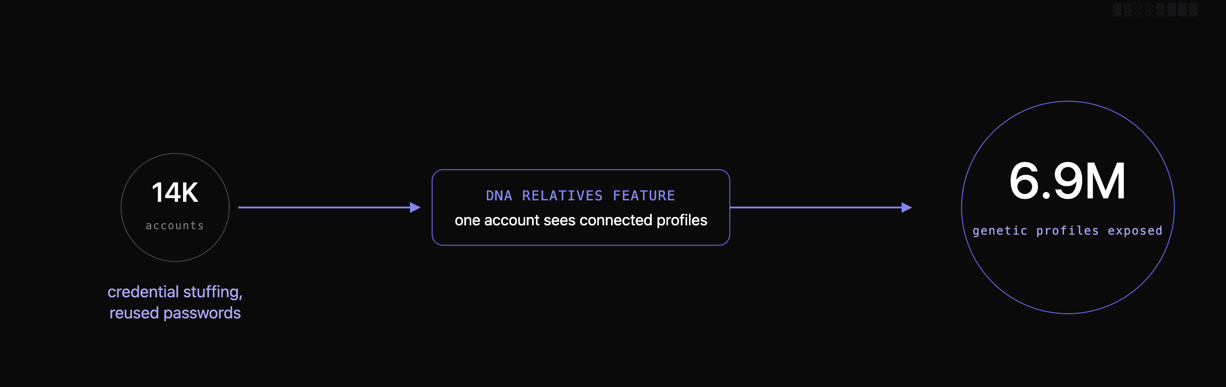 Diagram showing the 23andMe breach amplifying from 14,000 credential-stuffed accounts through the DNA Relatives feature to 6.9 million exposed genetic profiles