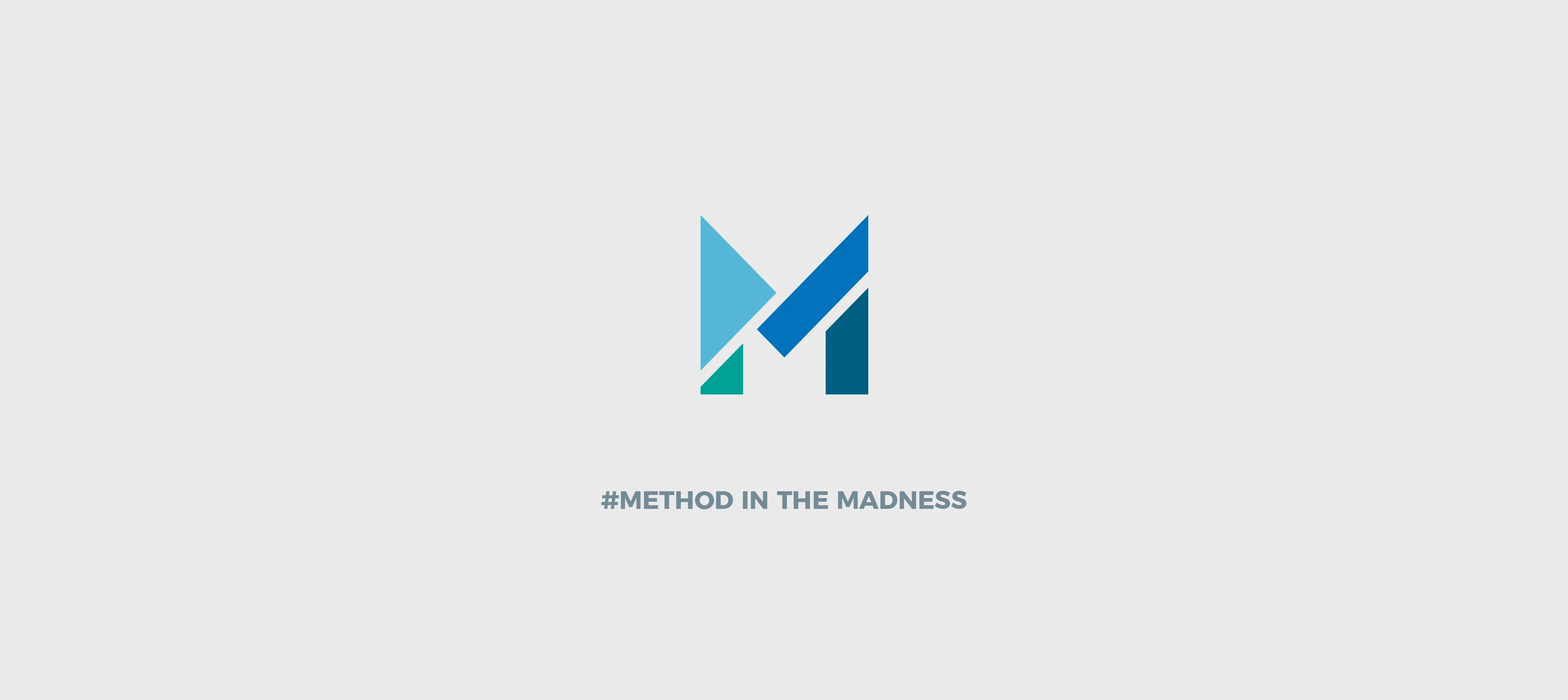 Method Consultants visual identity detail – Tangram-inspired logo with assertive slogan “METHOD THE MADNESS” in vibrant turquoise and blue by Teatime Studio.