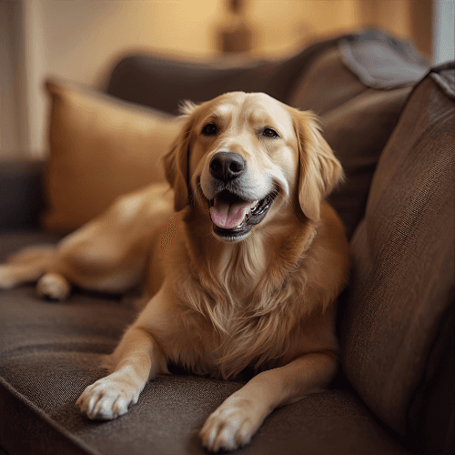 dog lies on a sofa