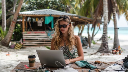 A woman sits on a beach working on a laptop, surrounded by palm trees and a tropical setting.