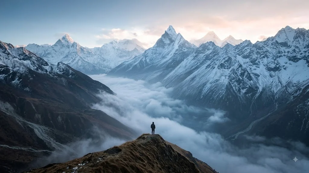 A person standing on a mountain peak overlooking a cloud-filled valley and snow-capped mountains, representing self-mastery and achievement.
