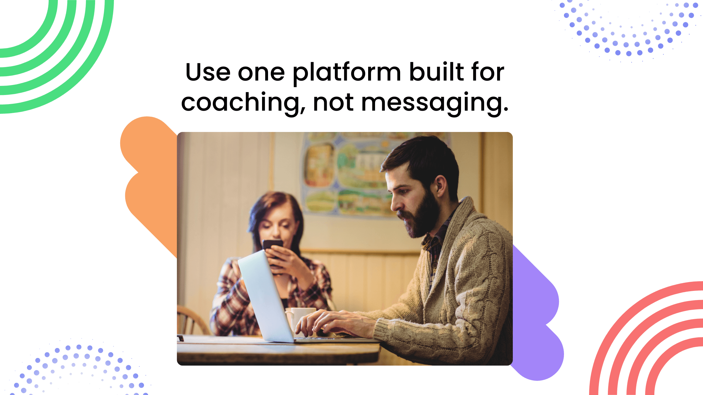 Coach working on laptop while client checks phone, highlighting use of a dedicated coaching platform instead of WhatsApp messaging.