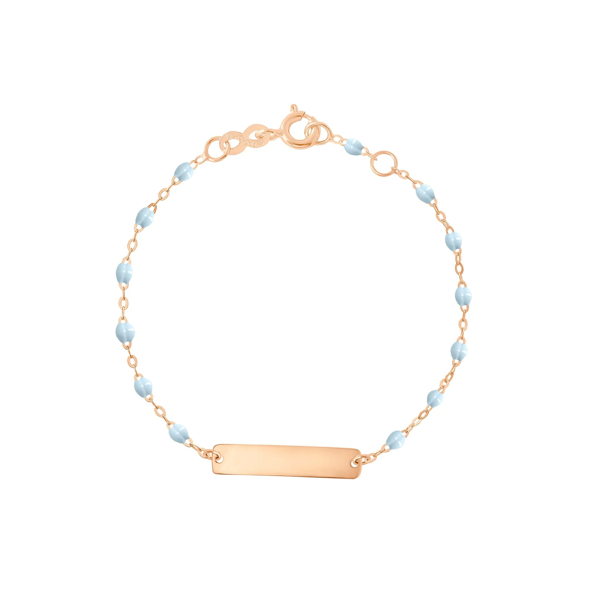 Bracelet bleu layette Little Gigi, plaque rectangle, or rose