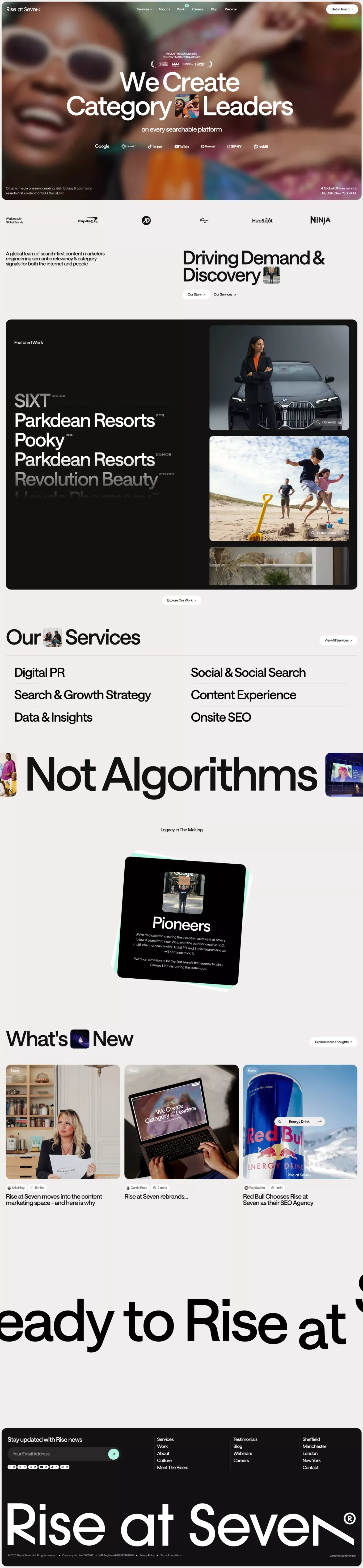 Rise at Seven portfolio page screenshot showcasing Marketing and PR design