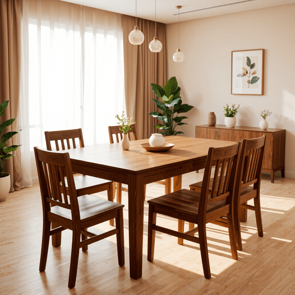 product photography of a wooden dining table set with six chairs