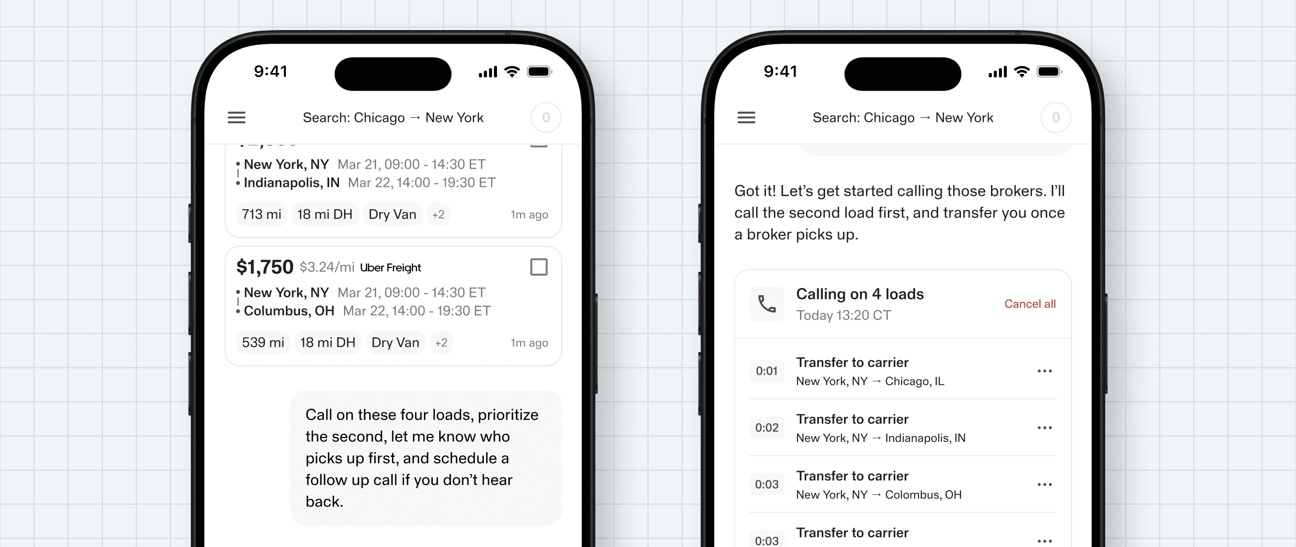 Here's an SEO-friendly image description: Alt text (concise): "Dispatch app screenshot showing a carrier requesting broker outreach on four loads, with the AI automatically calling brokers and managing follow-ups across multiple routes.