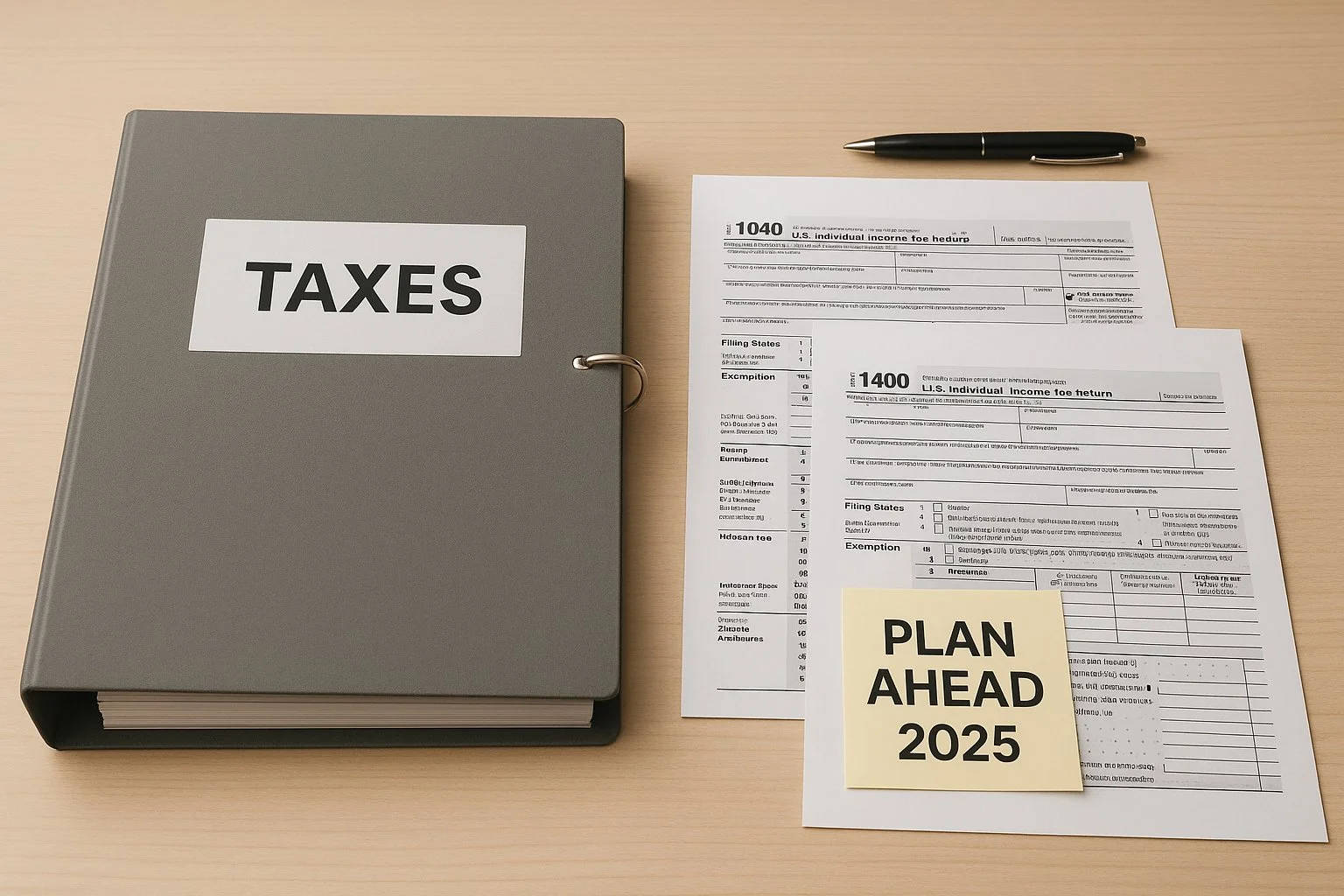 Calm workspace with a tax binder, IRS forms, and a note reading “Plan Ahead 2025,” symbolizing financial preparation and organization.