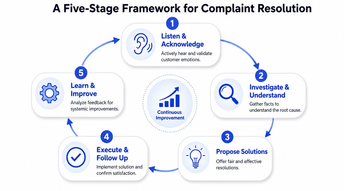 A five-stage framework for effective complaint resolution, promoting a cycle of continuous improvement for businesses.