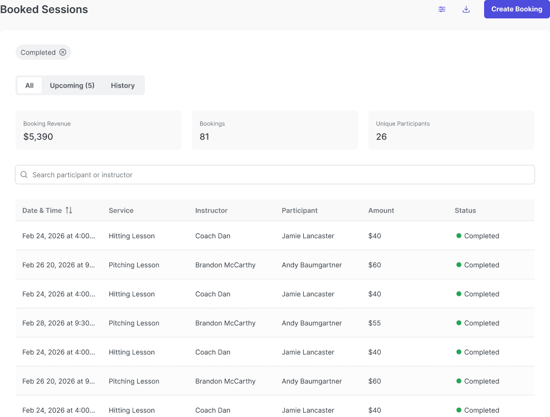 Booked Sessions History screen showing completed sessions, summary cards, and the export control at the top right.