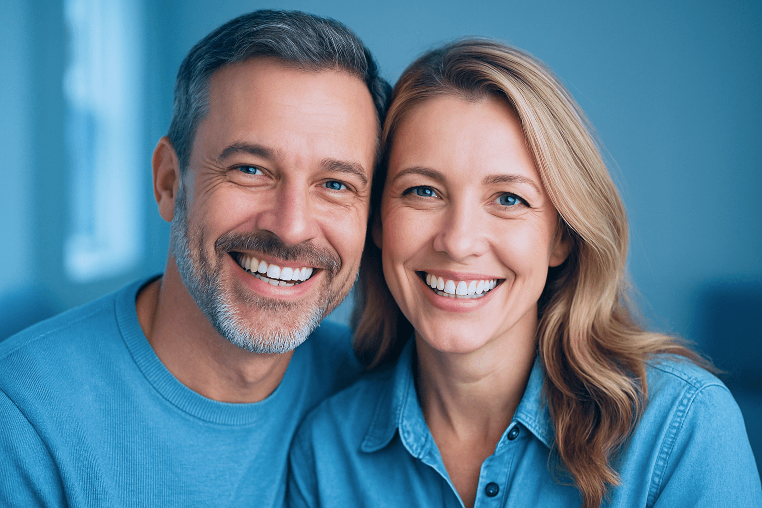 Mosolygó középkorú pár közelképe, egészséges és esztétikus fogsorral.
