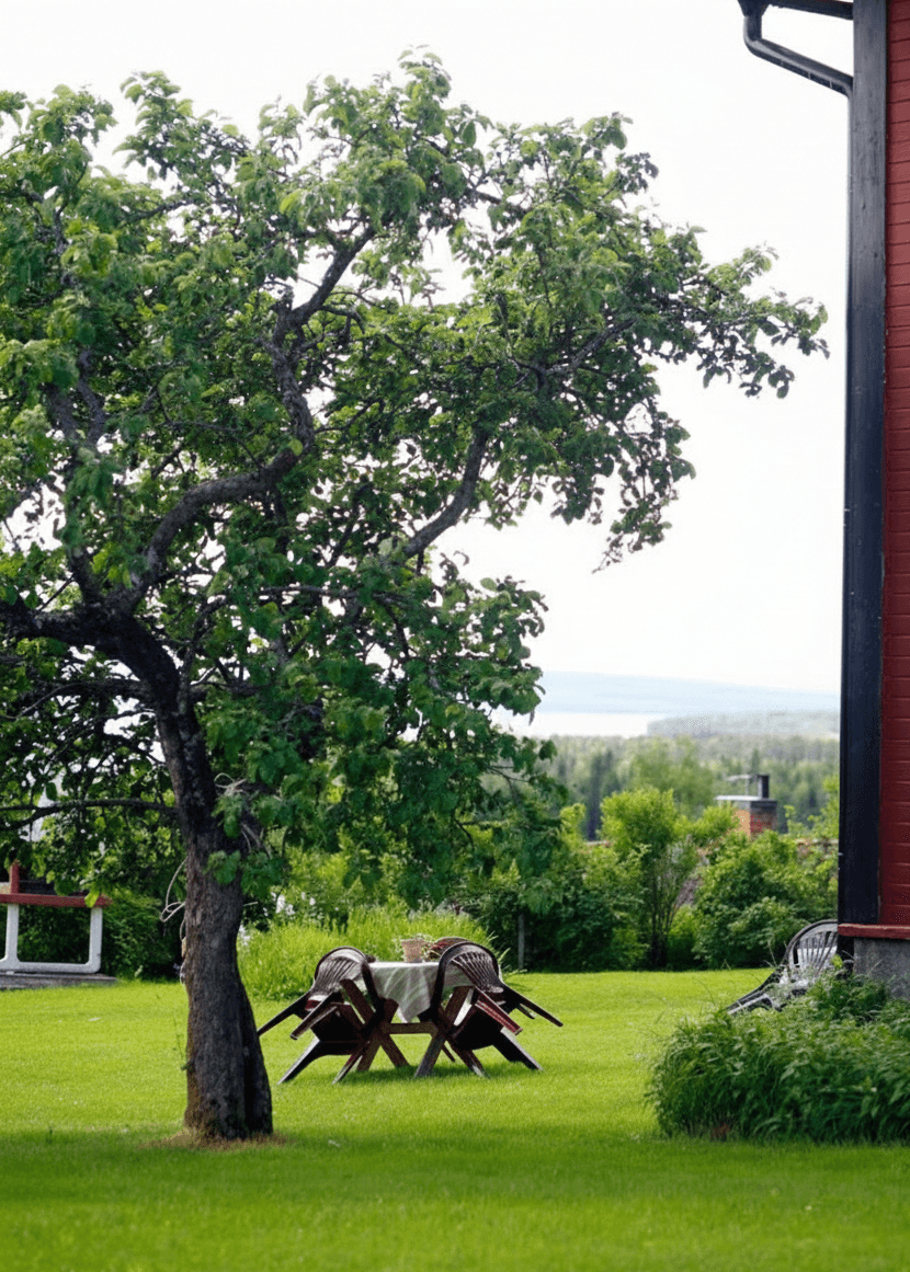 A serene outdoor wedding setup with white chairs arranged on green grass under a canopy of trees.
