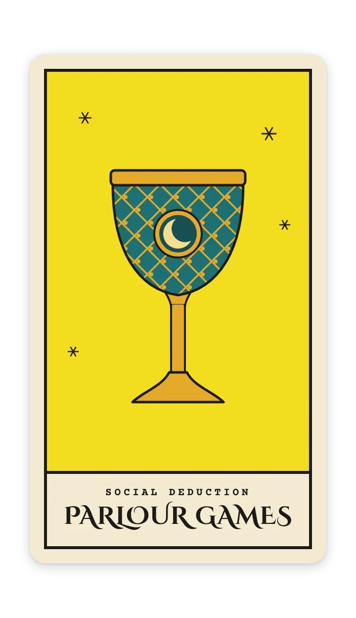 Parlour Games social deduction tarot card with a harlequin chalice and crescent moon
