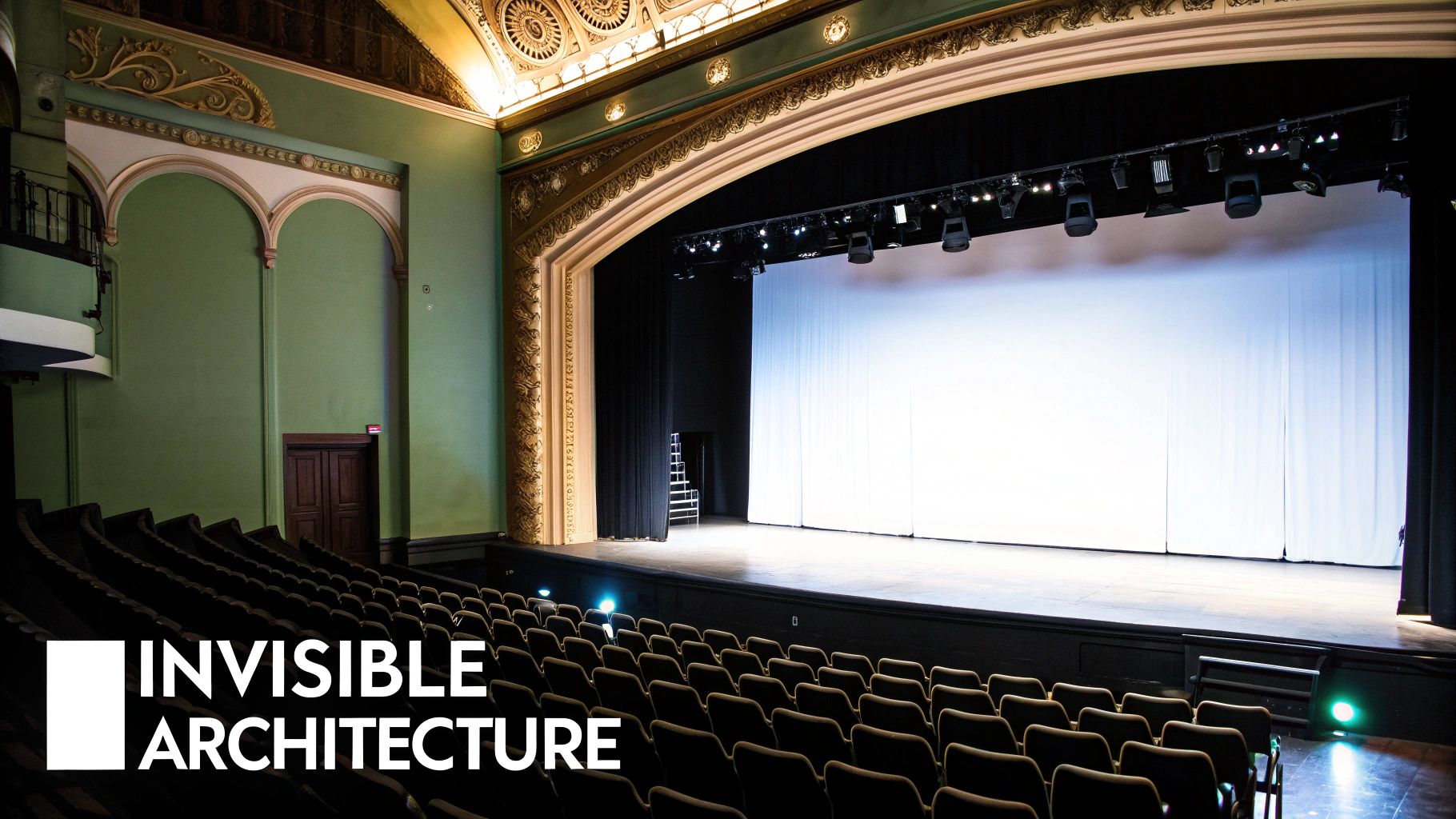 An empty theater stage with dramatic lighting, evoking the potential for a performance to begin.
