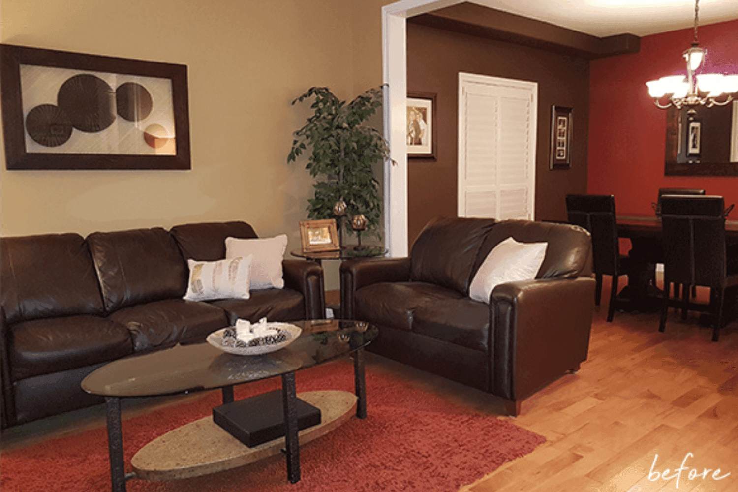 Before shot of dated living room in red and brown tones