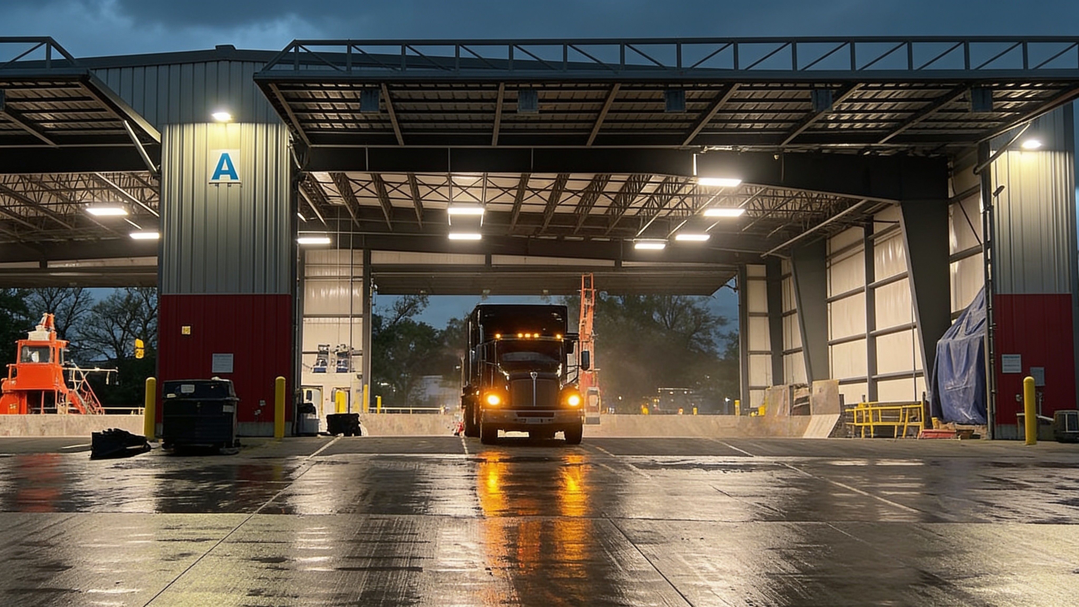 Large PowerLift commercial doors open on a waste transfer station
