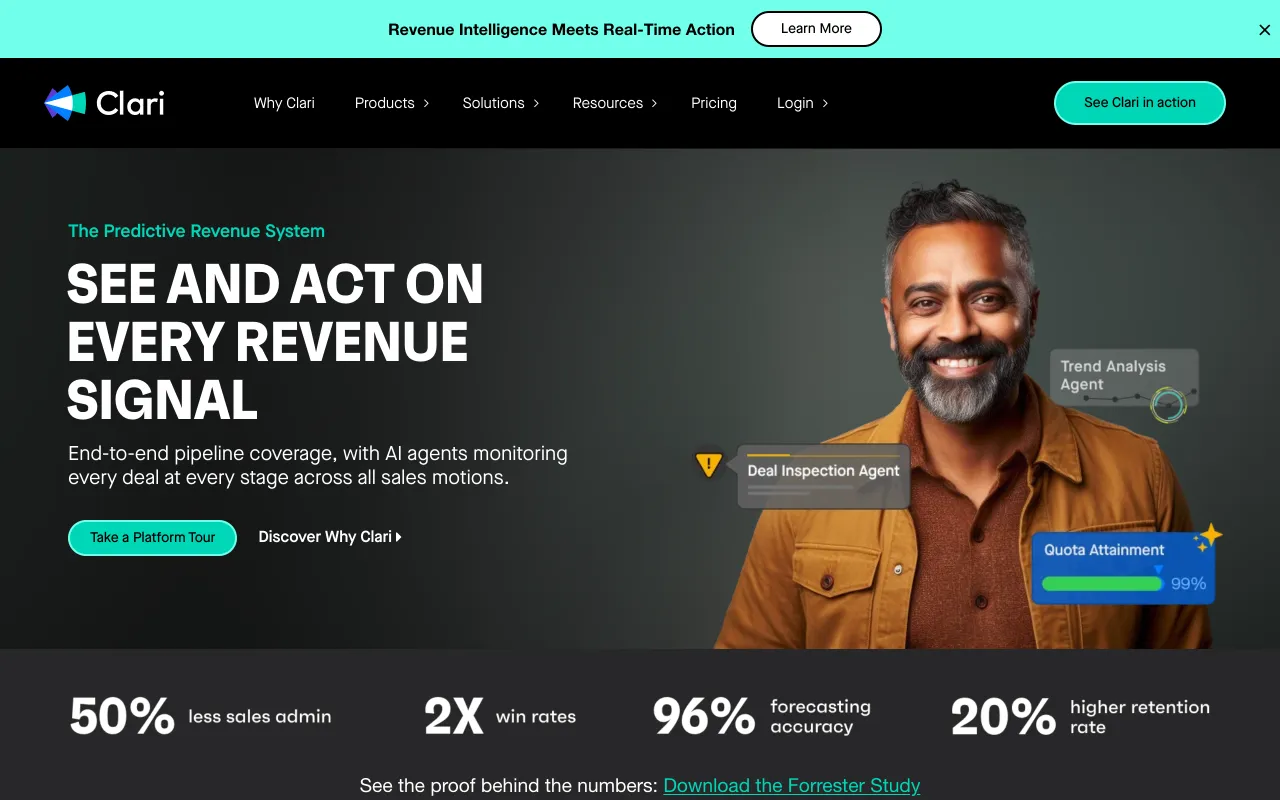 Clari homepage - revenue intelligence and forecasting platform