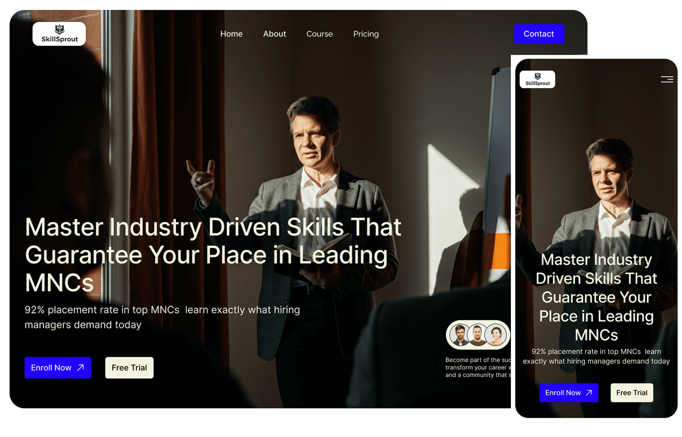 Skillsprout header UI design with teaching background