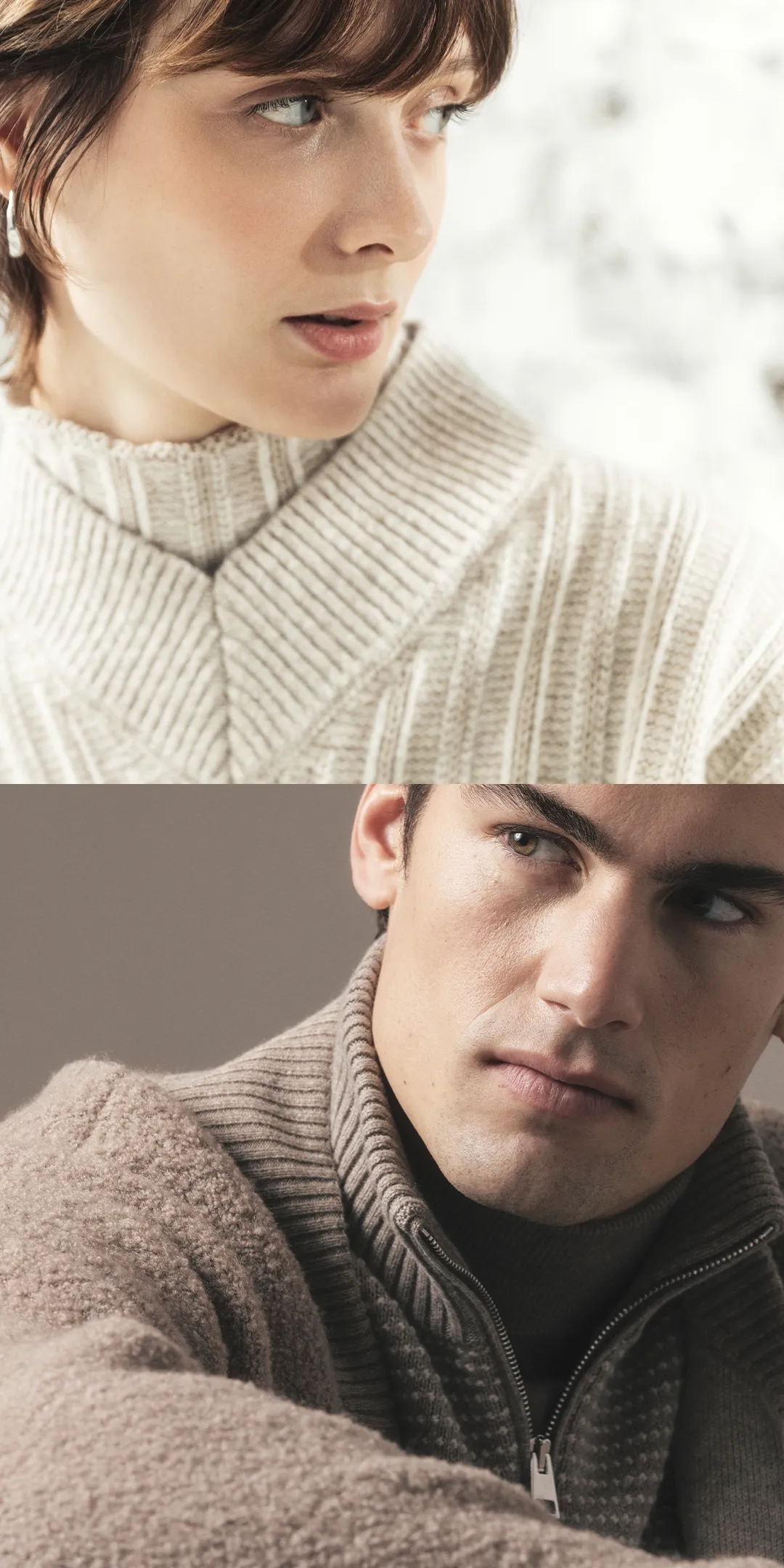 Aida Barni cashmere knitwear – woman in cream ribbed sweater and man in taupe textured zip-neck jumper, Made in Italy.