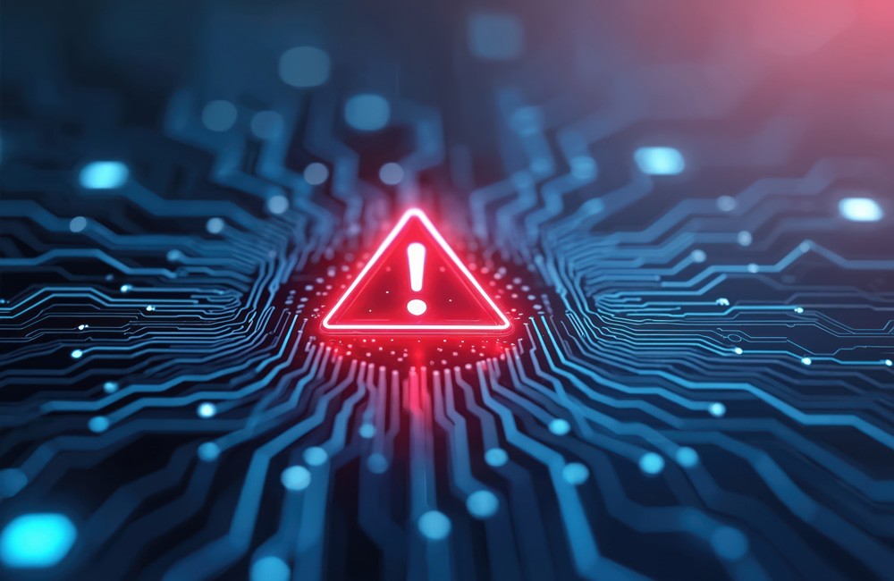 Red digital warning symbol glowing on a circuit board interface, representing active ransomware exploitation of the VMware ESXi CVE 2025 22225 vulnerability and hypervisor compromise.