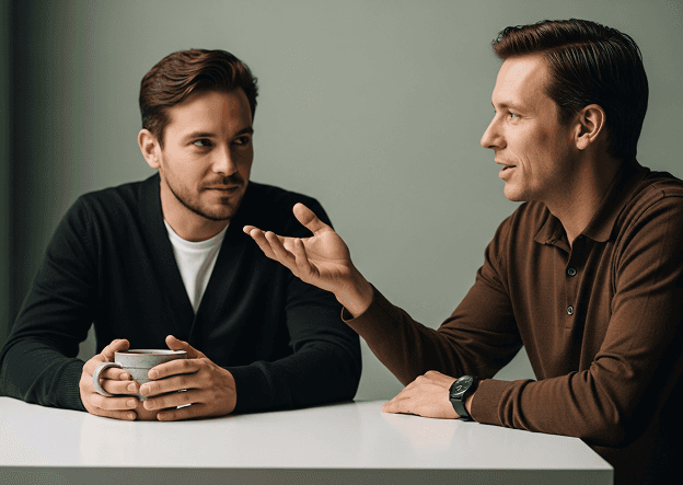 Two men having an engaged conversation at a table.