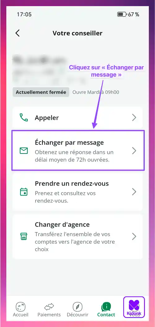 Application mobile BNP Paribas affichant l'endroit échanger par message avec son conseiller