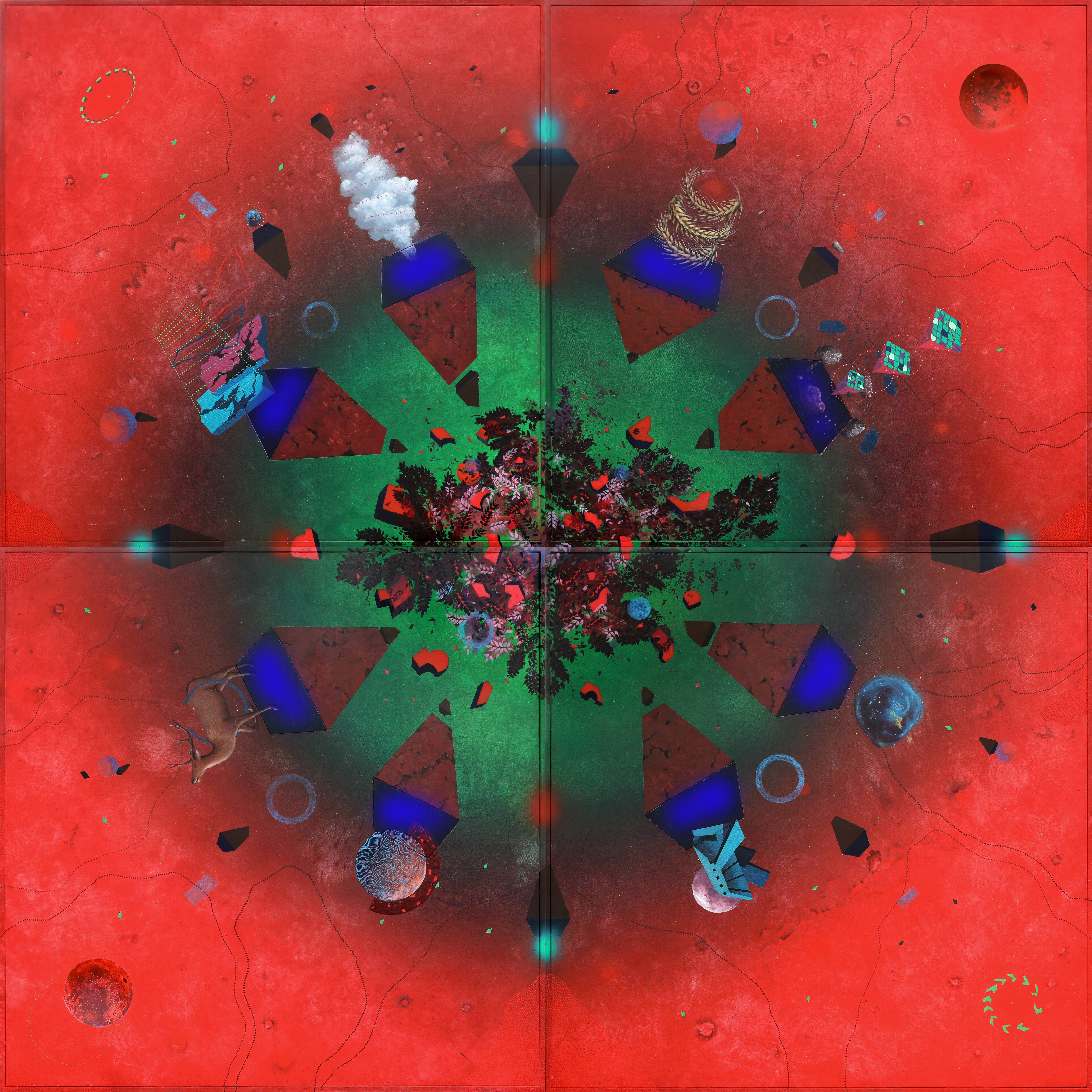 herd of sheep on road painting