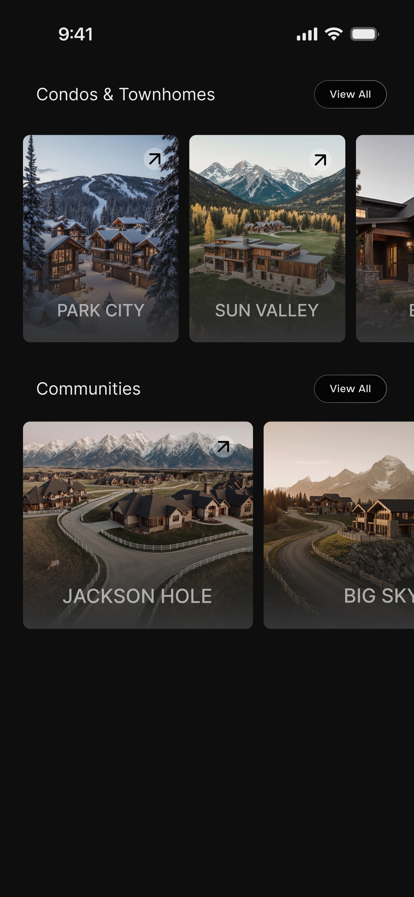 Architecture app interface displaying luxury townhomes in Park City and Sun Valley against a modern dark background.