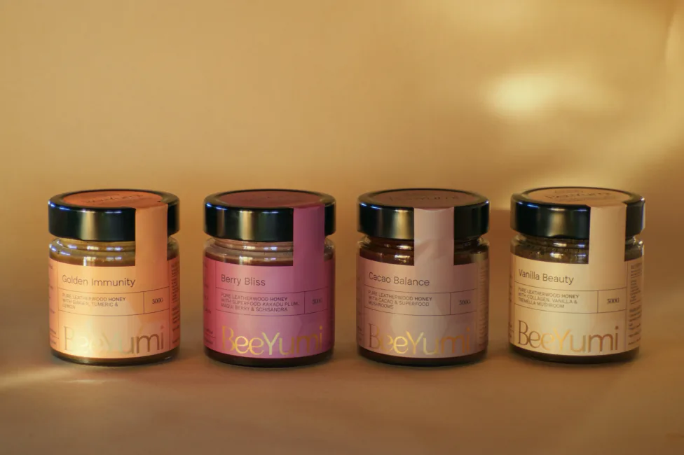 BeeYumi honey superfood blends including Golden Immunity, Berry Bliss, Cacao Balance and Vanilla Beauty