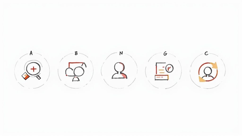 Five illustrated icons representing a business process: search, collaboration, user, document review, and refresh.