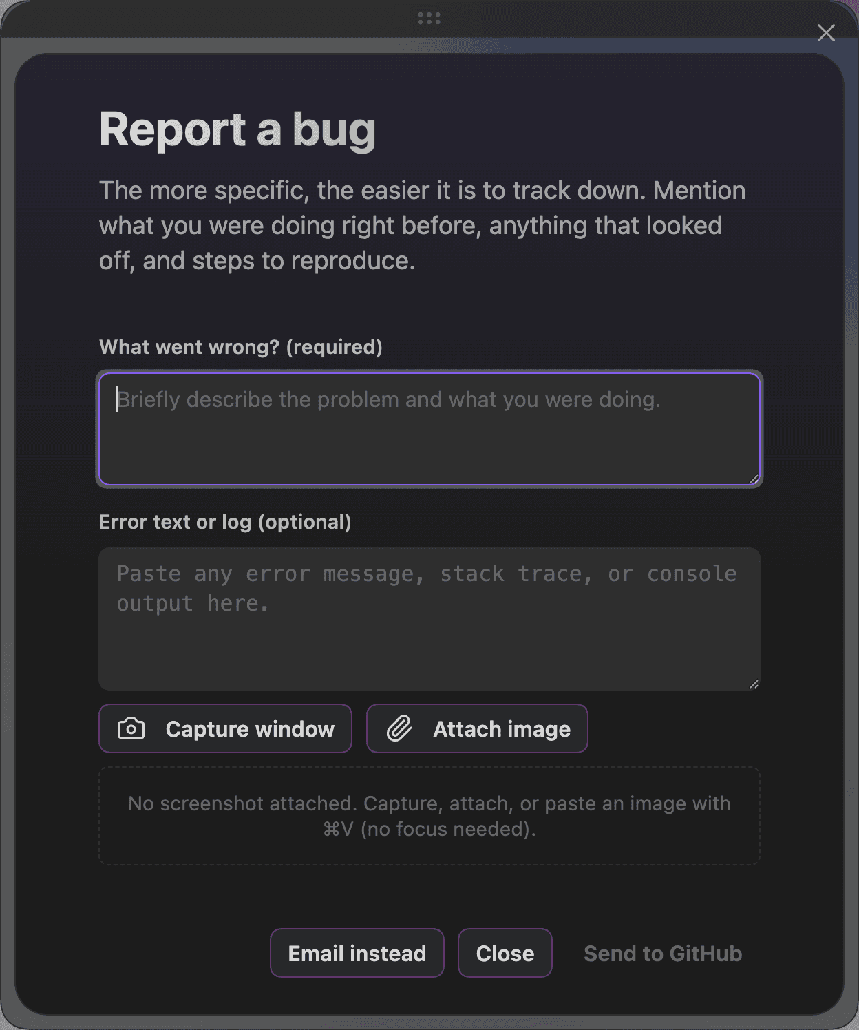 The in-app bug report window