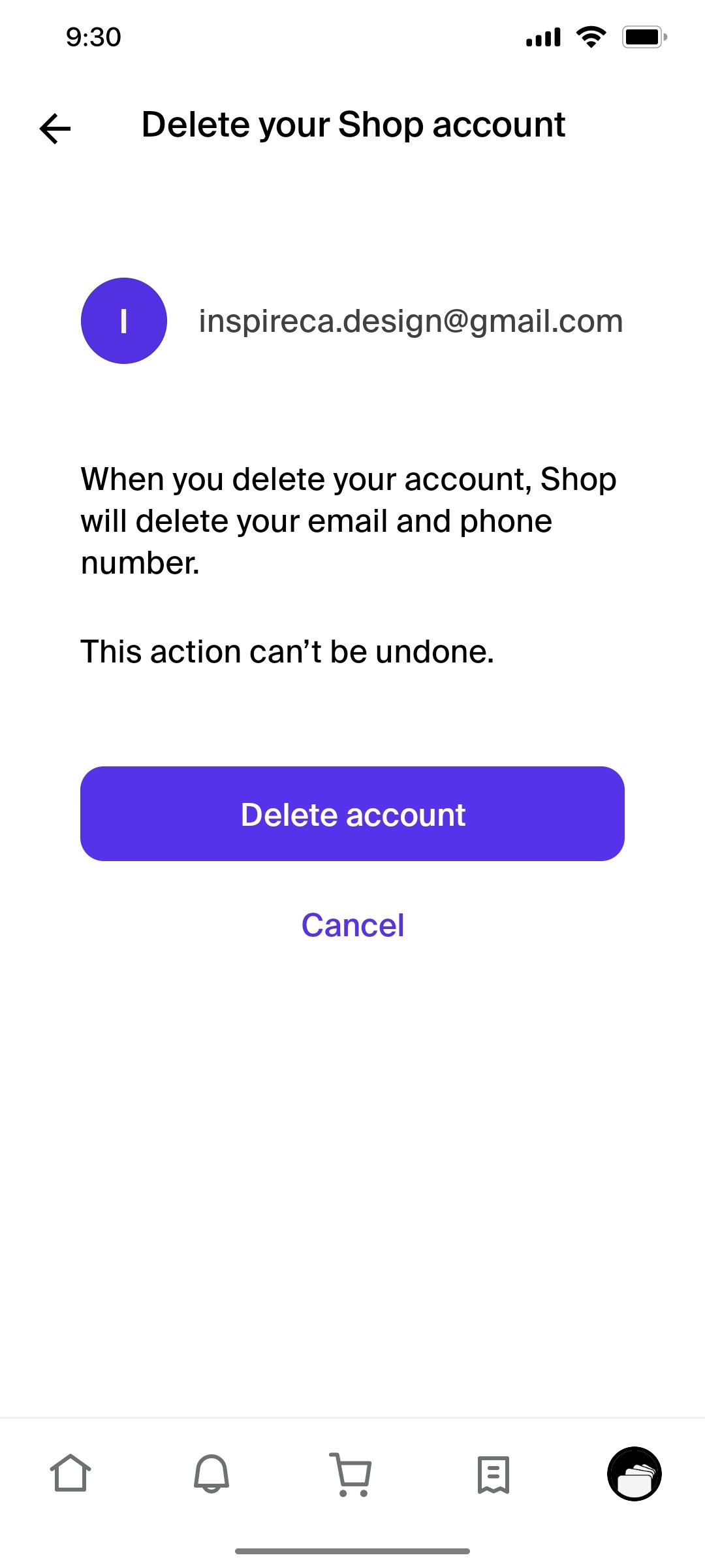 Shop App  Delete account Screen