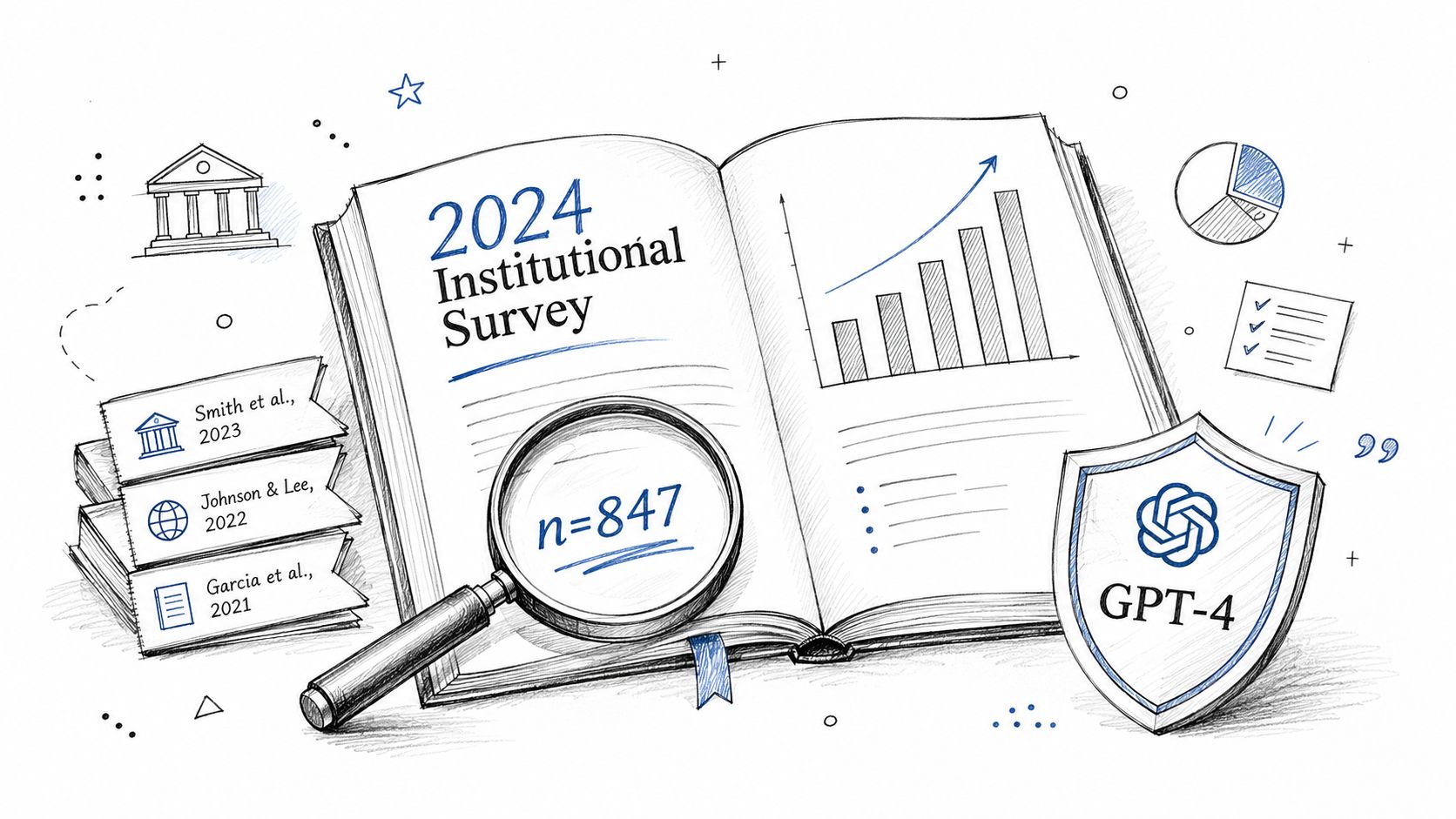 A hand-drawn illustration depicting a 2024 institutional survey report with a magnifying glass and a GPT-4 shield.