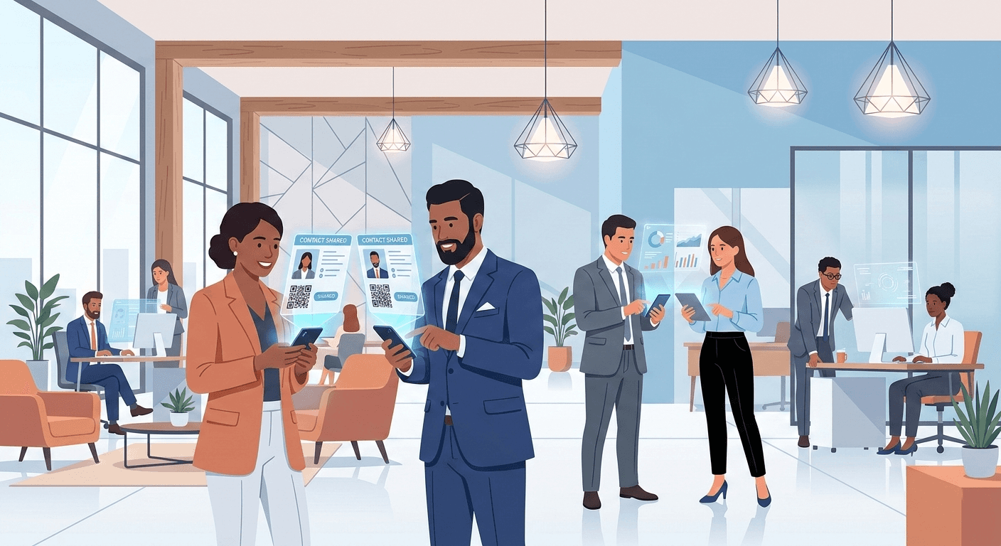 Vector illustration of a small business owner networking and organizing contacts using Habsy Business Card Manager to track leads and set follow-up reminders.