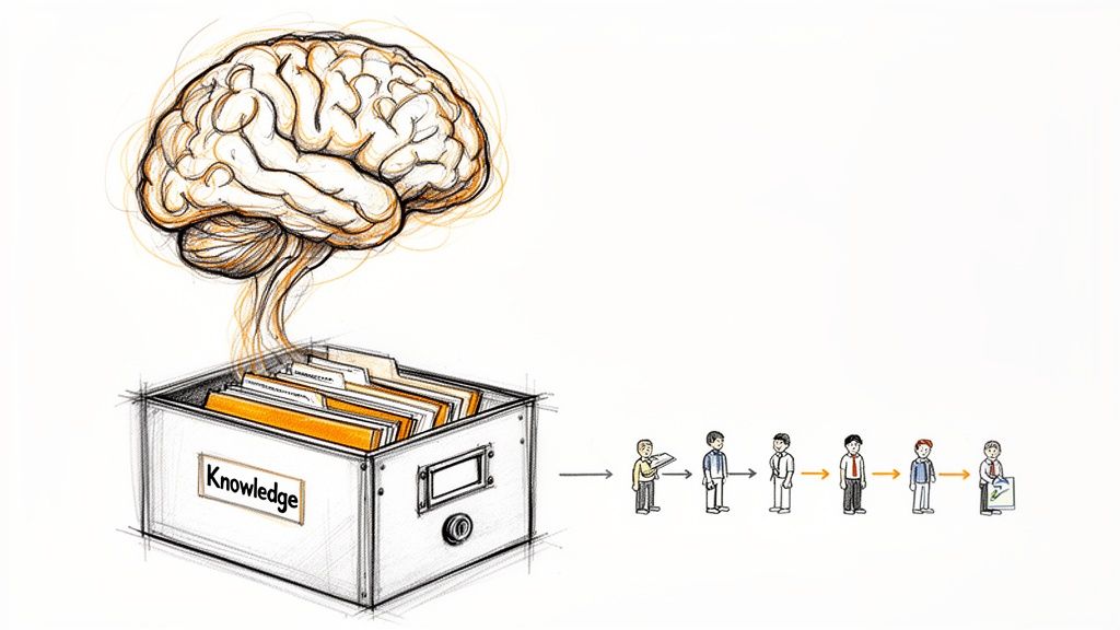 A human brain connecting to a knowledge box, which then transfers information among a group of people.