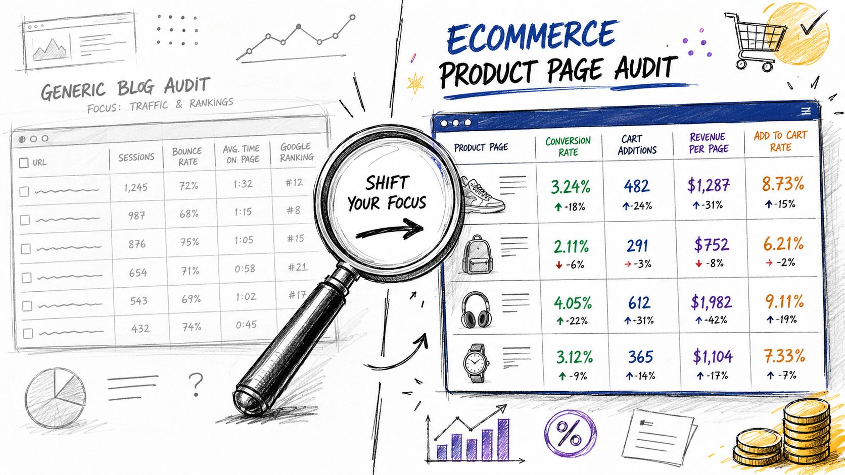 A hand-drawn illustration showing a magnifying glass highlighting the shift from blog audits to product page audits.
