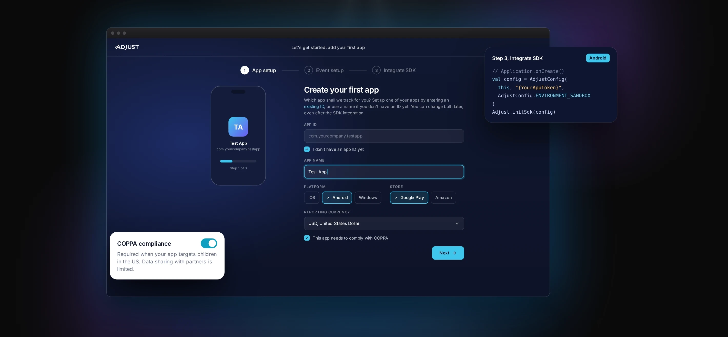 Illustrative interface: onboarding to create the first app, with platform, store and COPPA settings and the SDK step