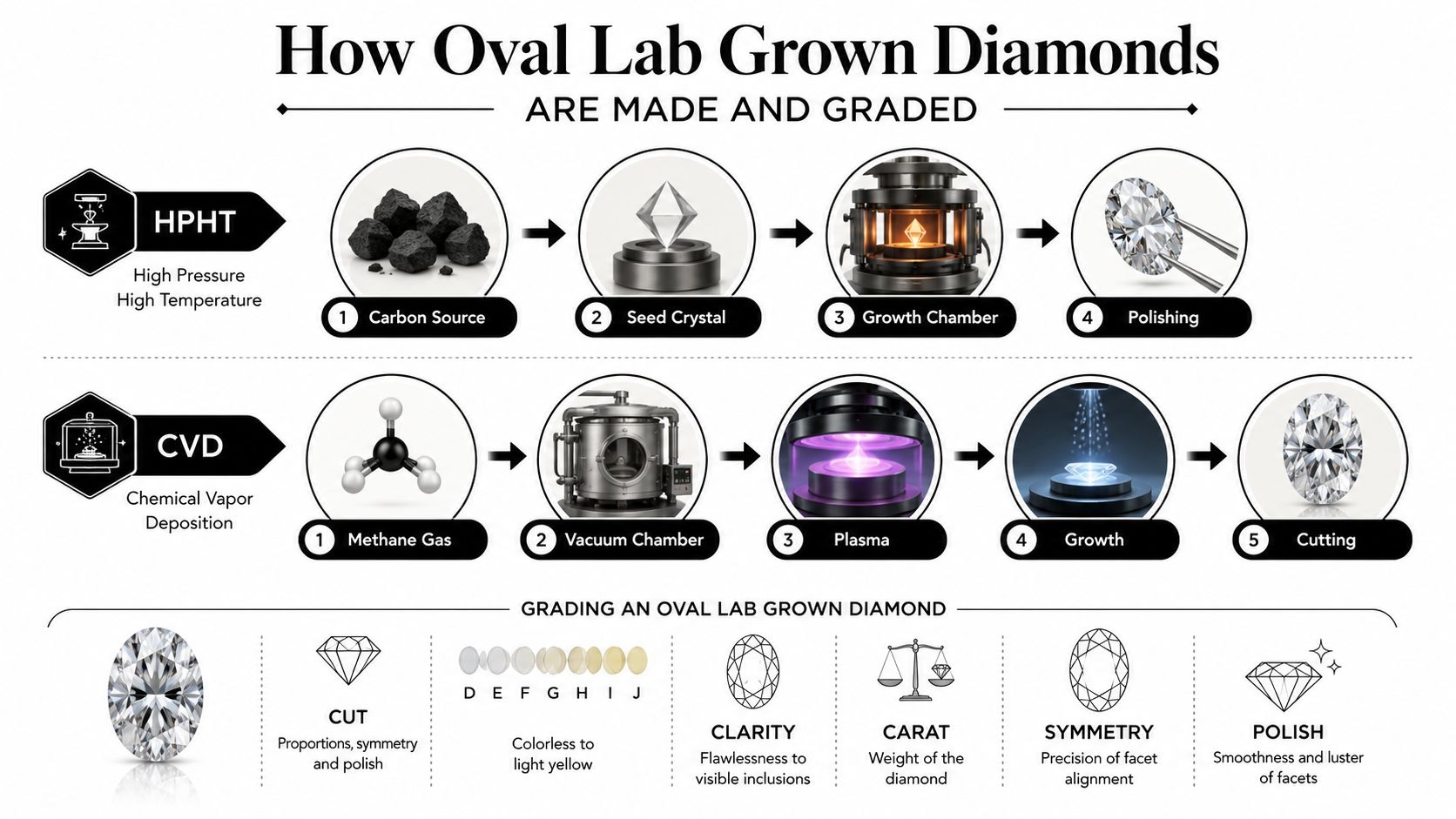 An infographic detailing the production processes of HPHT and CVD oval lab grown diamonds and their grading criteria.