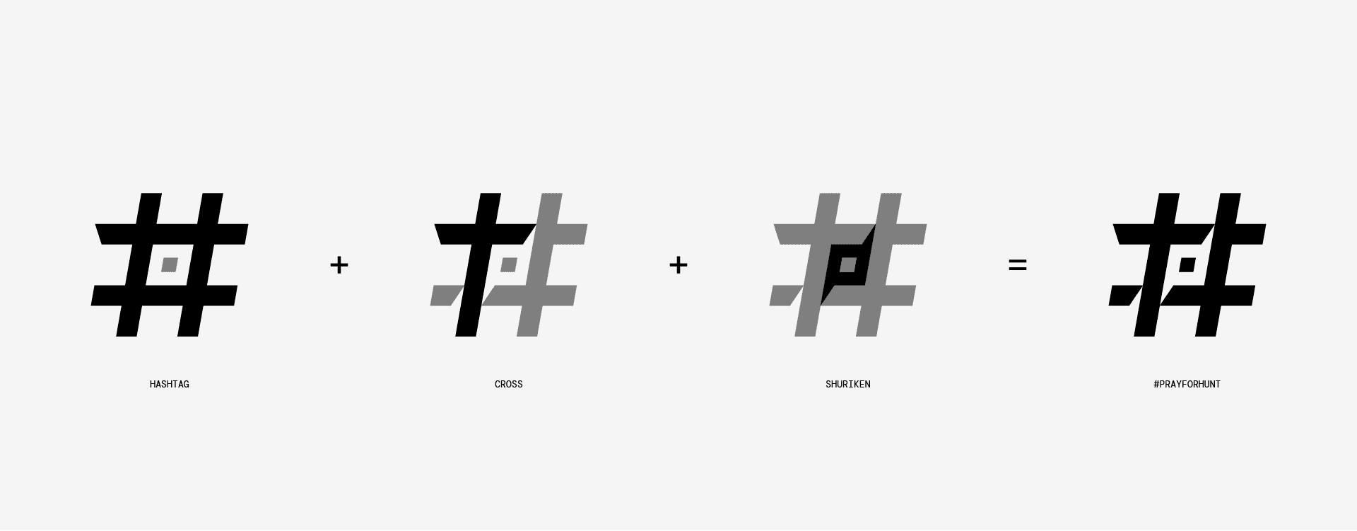 A logo breakdown illustration for the '#PrayForHunt' branding, showing how the design is constructed. The composition starts with a black hashtag symbol labeled 'HASHTAG' on the left. Next, a black and gray cross shape labeled 'CROSS' is added, overlapping the hashtag. In the third section, a black and gray combination labeled 'SHURIKEN' appears, adding dynamic, pointed details. The final product is a stylized hashtag symbol with layered black and gray elements, labeled '#PRAYFORHUNT,' representing strength and unity. The background is light gray, providing contrast to the black and gray elements.