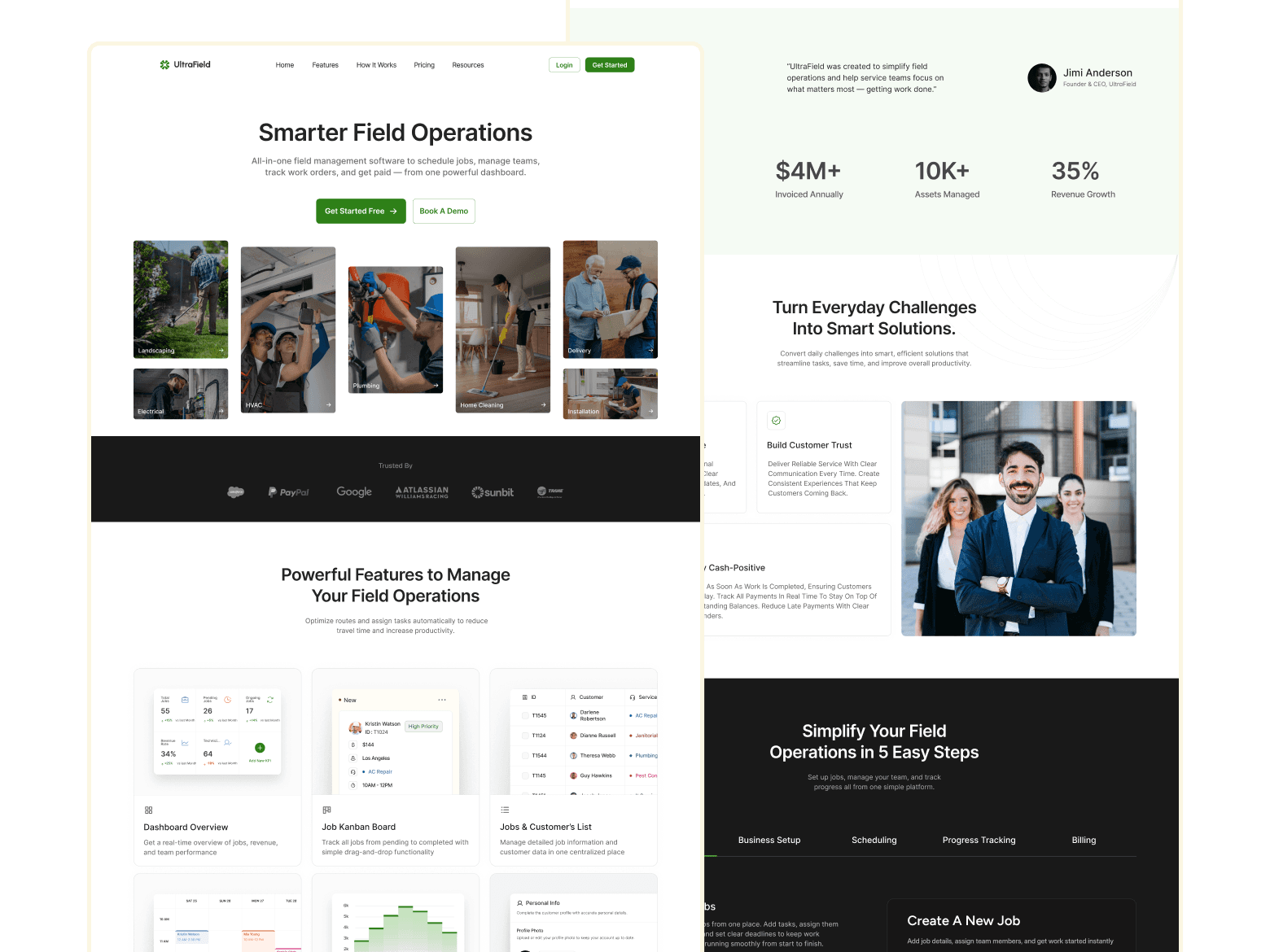 UltraField jobs Kanban board showing tasks across status columns