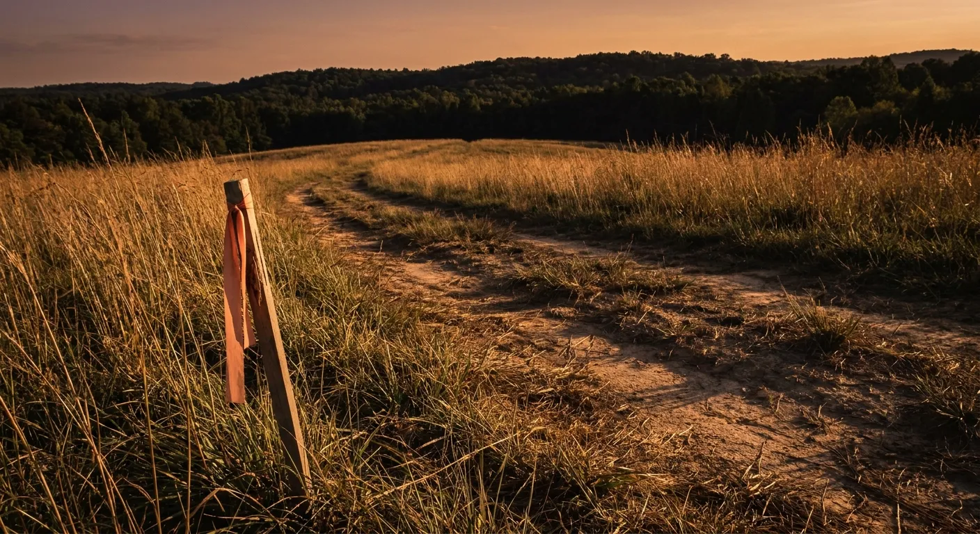 Sunset over a grassy path with a marker, RockN' Socials Digital Marketing Agency.