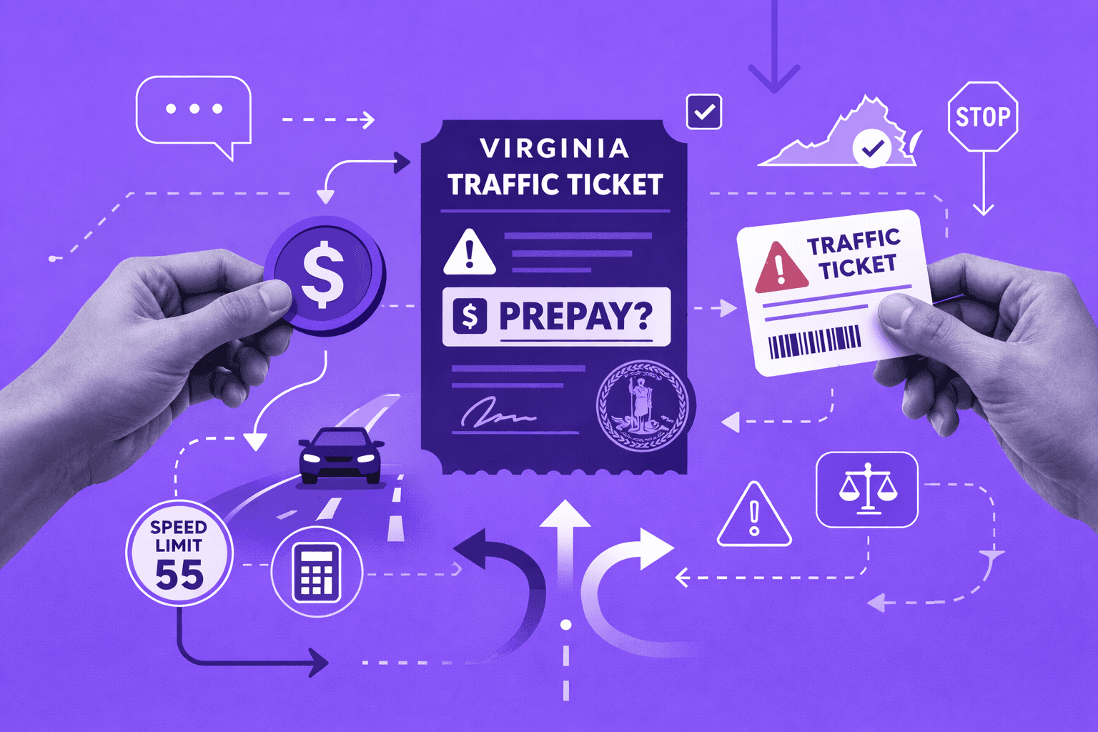 Virginia prepaid traffic ticket options showing court costs and driver improvement alternatives